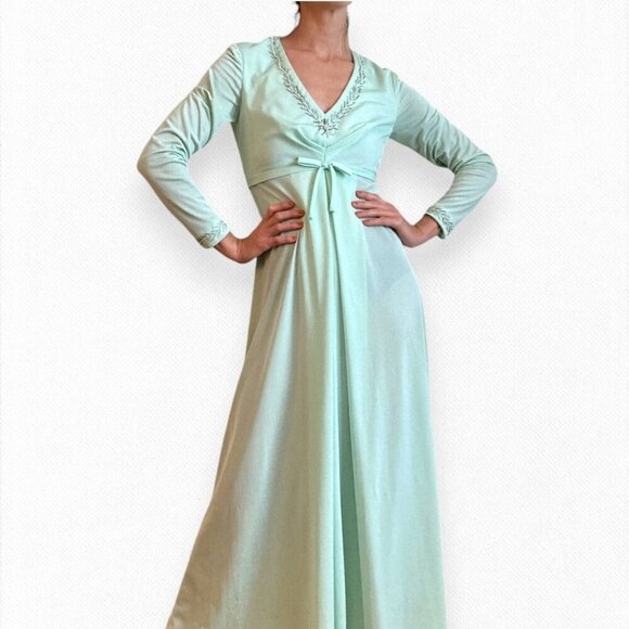 Vintage Dresses & Skirts - Vintage 70's Maxi Dress Mint Green Embroidered Bow V Neck Babydoll Size Small